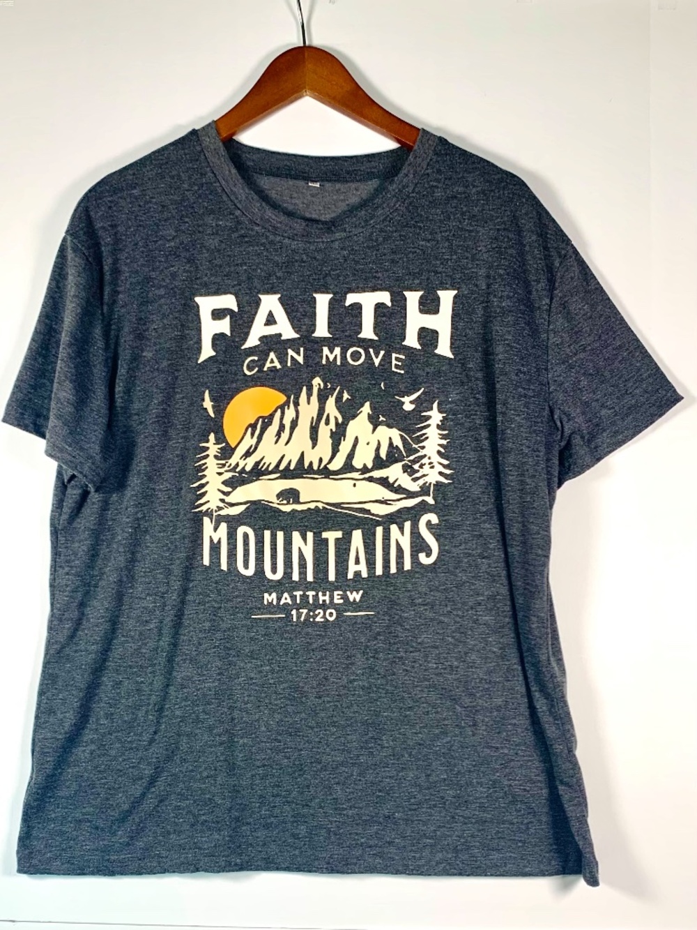 Faith Can Move Mountains Gray White Short Sleeve T-Shirt Mathew 17:20 Religious